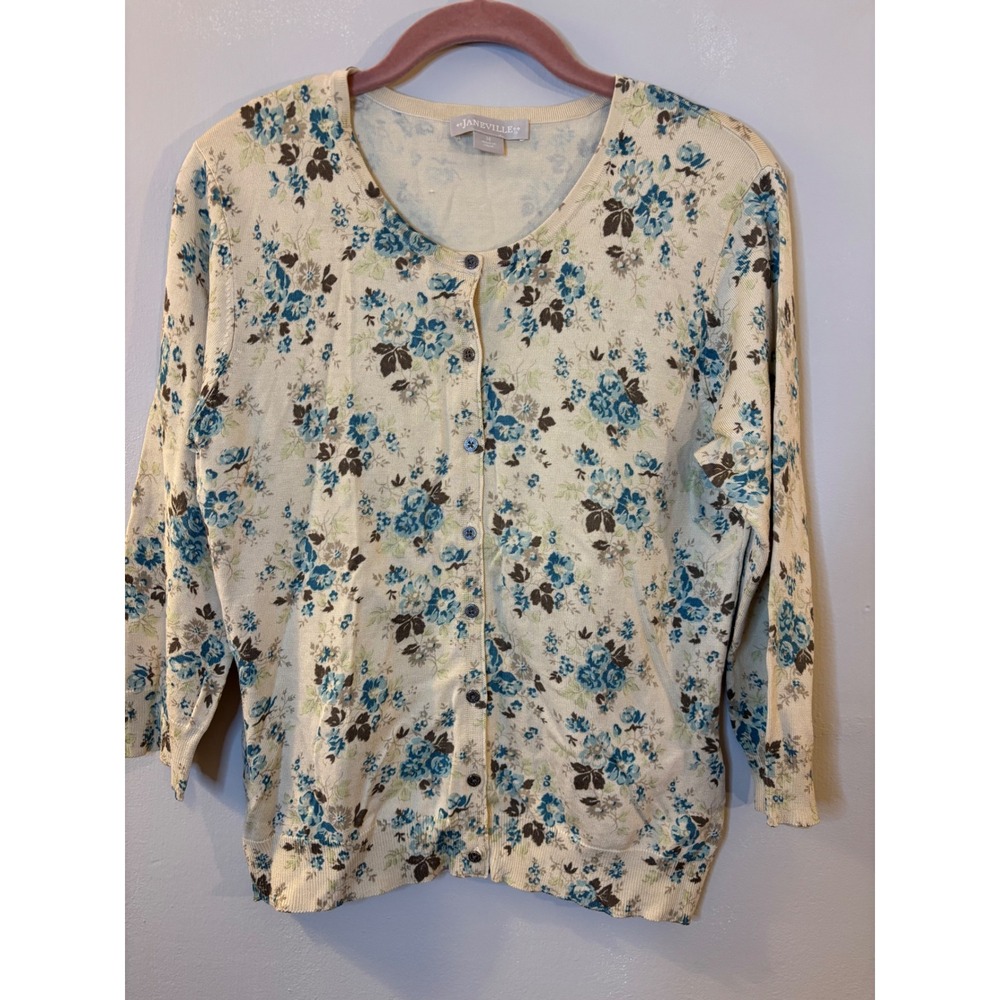 Janeville Beige Blue Floral Silk Blend Cardigan Sweater M